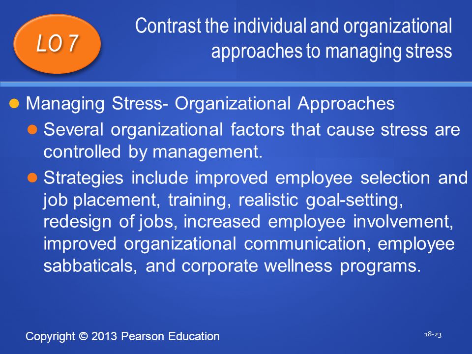 Copyright © 2013 Pearson Education Contrast the individual and organizational approaches to managing stress LO 7 Managing Stress- Organizational Approaches Several organizational factors that cause stress are controlled by management.