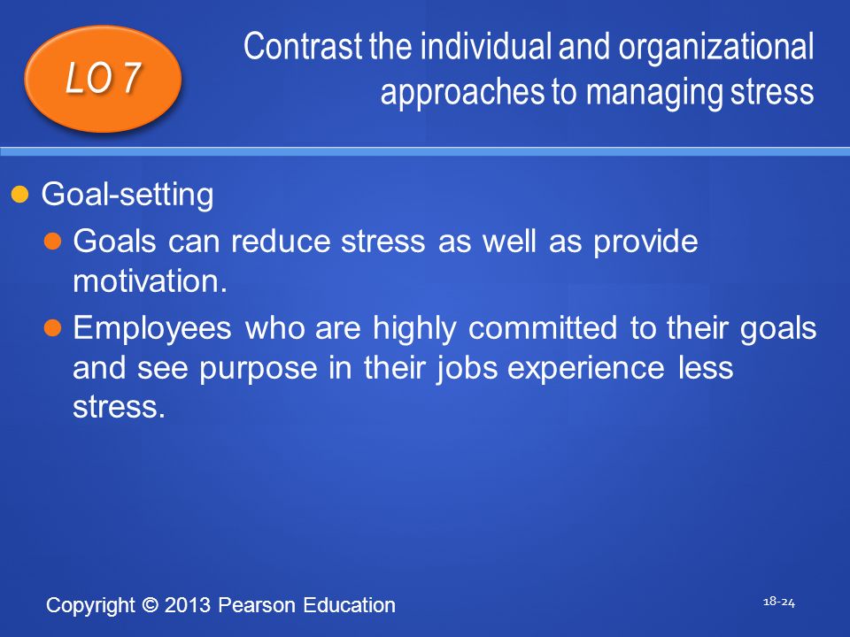 Copyright © 2013 Pearson Education Contrast the individual and organizational approaches to managing stress LO 7 Goal-setting Goals can reduce stress as well as provide motivation.