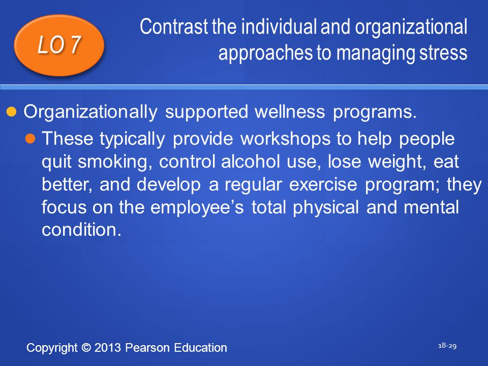 Copyright © 2013 Pearson Education Contrast the individual and organizational approaches to managing stress LO 7 Organizationally supported wellness programs.