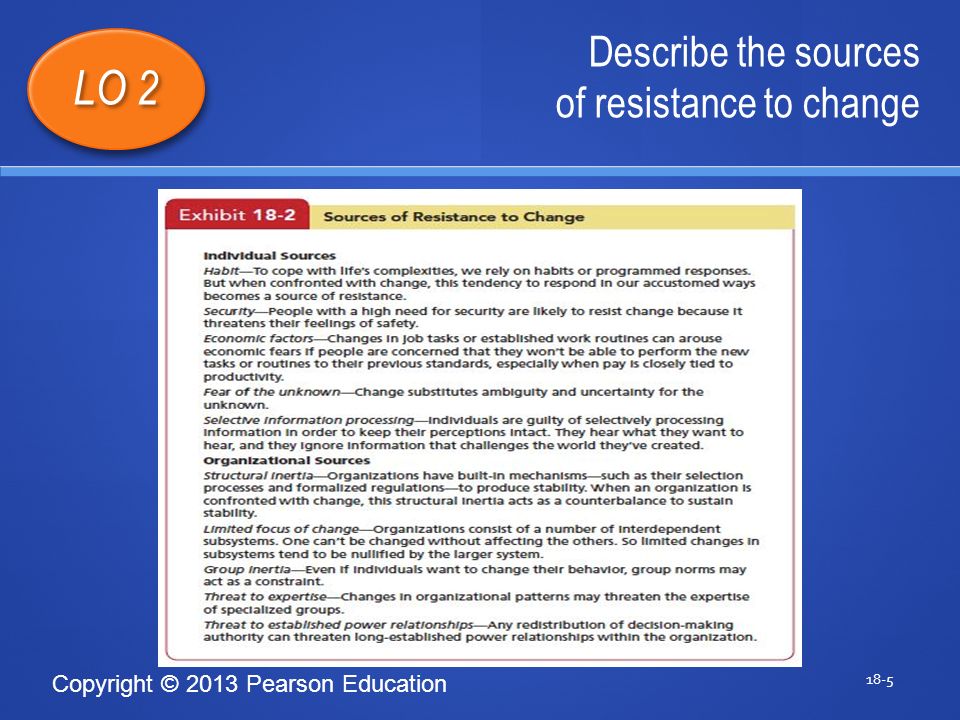 Copyright © 2013 Pearson Education Describe the sources of resistance to change 18-5 LO 2 1