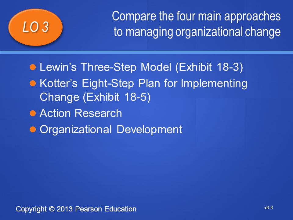Copyright © 2013 Pearson Education Compare the four main approaches to managing organizational change 18-8 LO 3 Lewin’s Three-Step Model (Exhibit 18-3) Kotter’s Eight-Step Plan for Implementing Change (Exhibit 18-5) Action Research Organizational Development 1