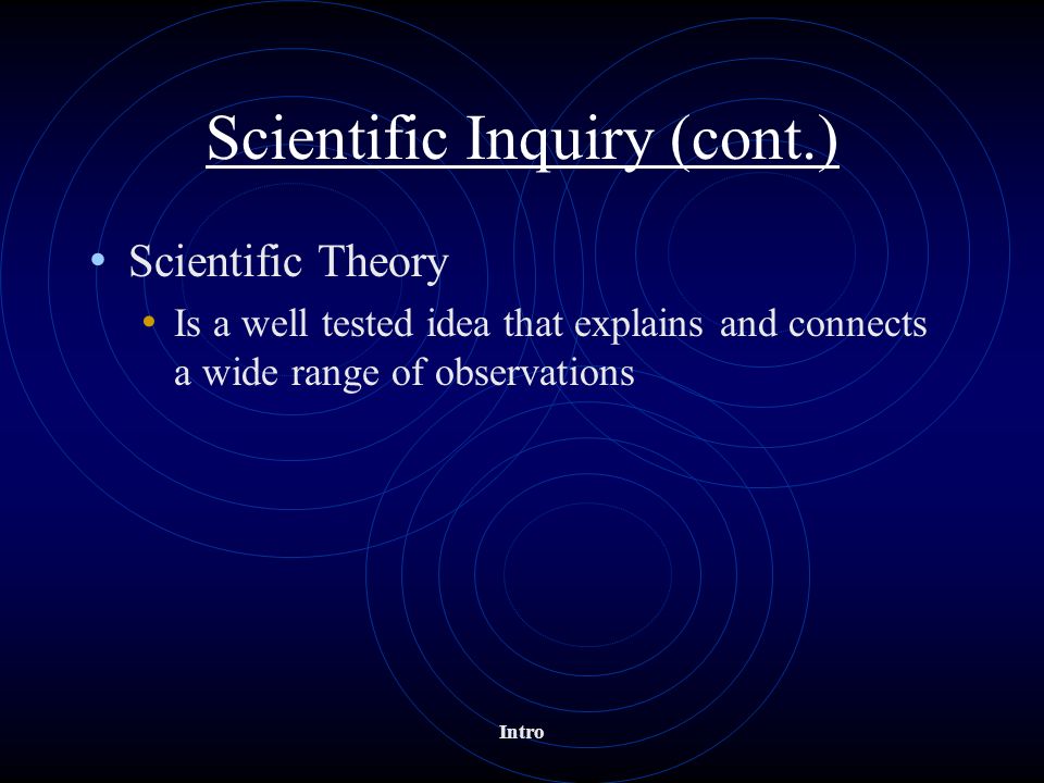Scientific Inquiry (cont.) Scientific Theory Is a well tested idea that explains and connects a wide range of observations Intro