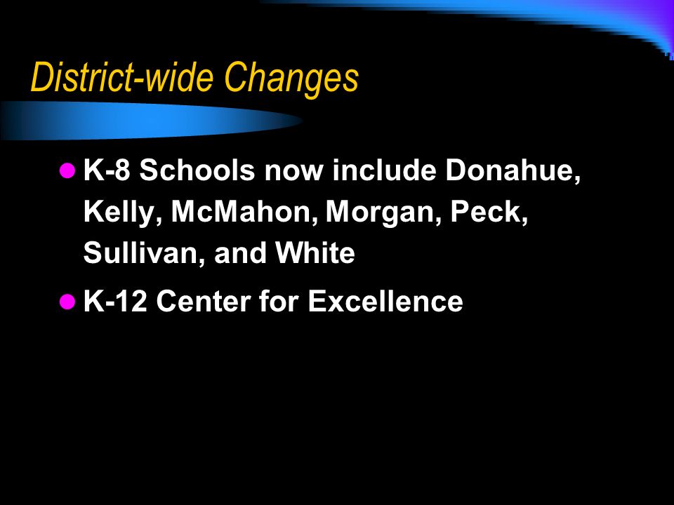 District-wide Changes K-8 Schools now include Donahue, Kelly, McMahon, Morgan, Peck, Sullivan, and White K-12 Center for Excellence