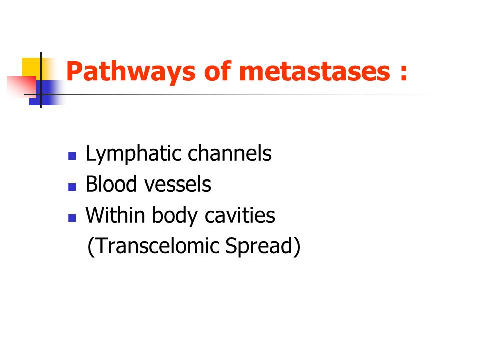 Pathways of metastases : Lymphatic channels Blood vessels Within body cavities (Transcelomic Spread)