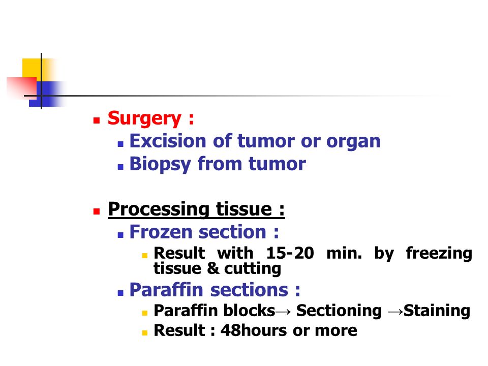 Surgery : Excision of tumor or organ Biopsy from tumor Processing tissue : Frozen section : Result with min.