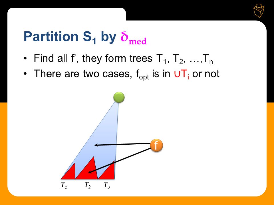 Partition S 1 by δ med Find all f’, they form trees T 1, T 2, …,T n There are two cases, f opt is in ∪ T i or not T1T1 T2T2 T3T3 f f