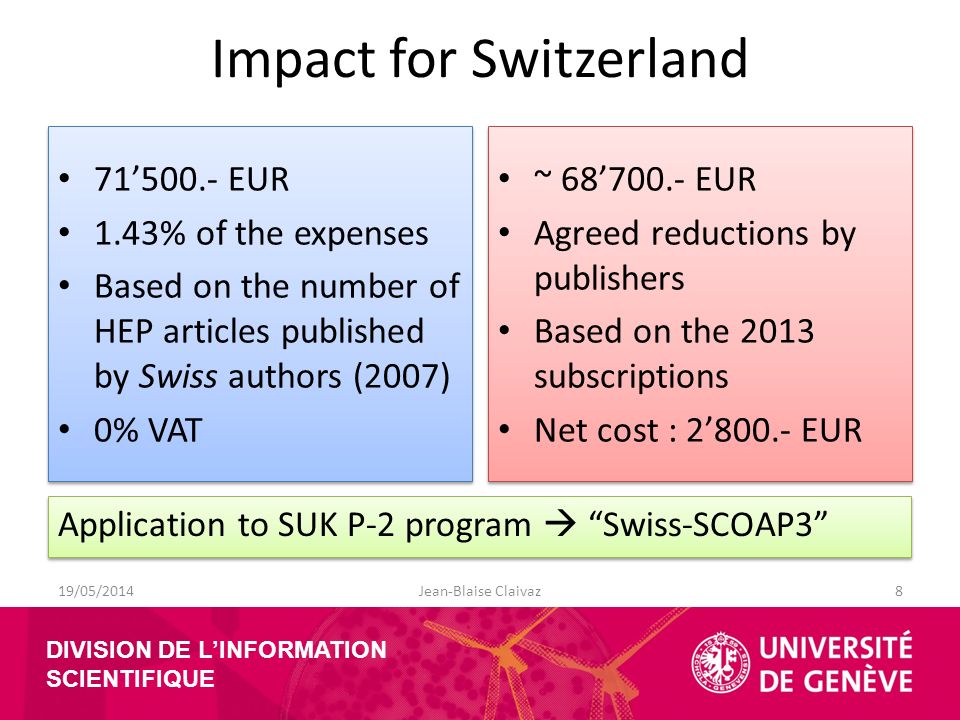 DIVISION DE L’INFORMATION SCIENTIFIQUE Impact for Switzerland 71’500.- EUR 1.43% of the expenses Based on the number of HEP articles published by Swiss authors (2007) 0% VAT 71’500.- EUR 1.43% of the expenses Based on the number of HEP articles published by Swiss authors (2007) 0% VAT ~ 68’700.- EUR Agreed reductions by publishers Based on the 2013 subscriptions Net cost : 2’800.- EUR ~ 68’700.- EUR Agreed reductions by publishers Based on the 2013 subscriptions Net cost : 2’800.- EUR 19/05/2014Jean-Blaise Claivaz8 Application to SUK P-2 program  Swiss-SCOAP3