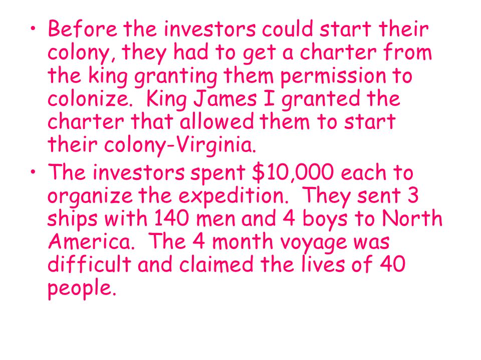 Before the investors could start their colony, they had to get a charter from the king granting them permission to colonize.