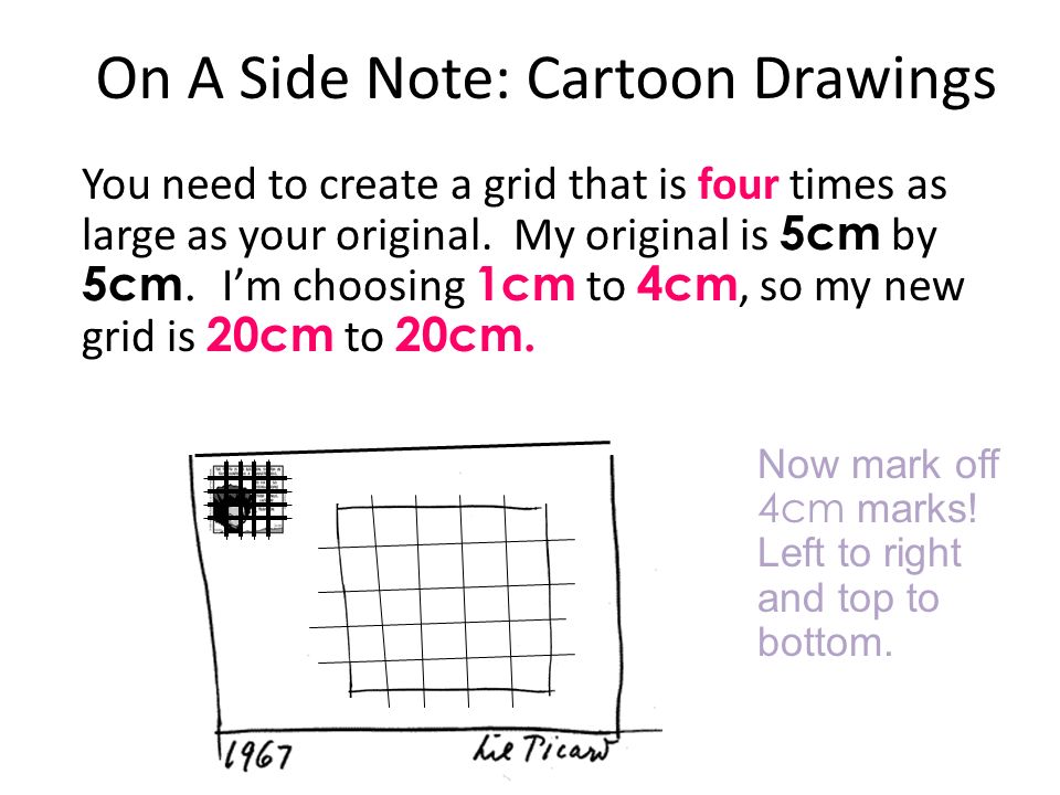 On A Side Note: Cartoon Drawings You need to create a grid that is four times as large as your original.