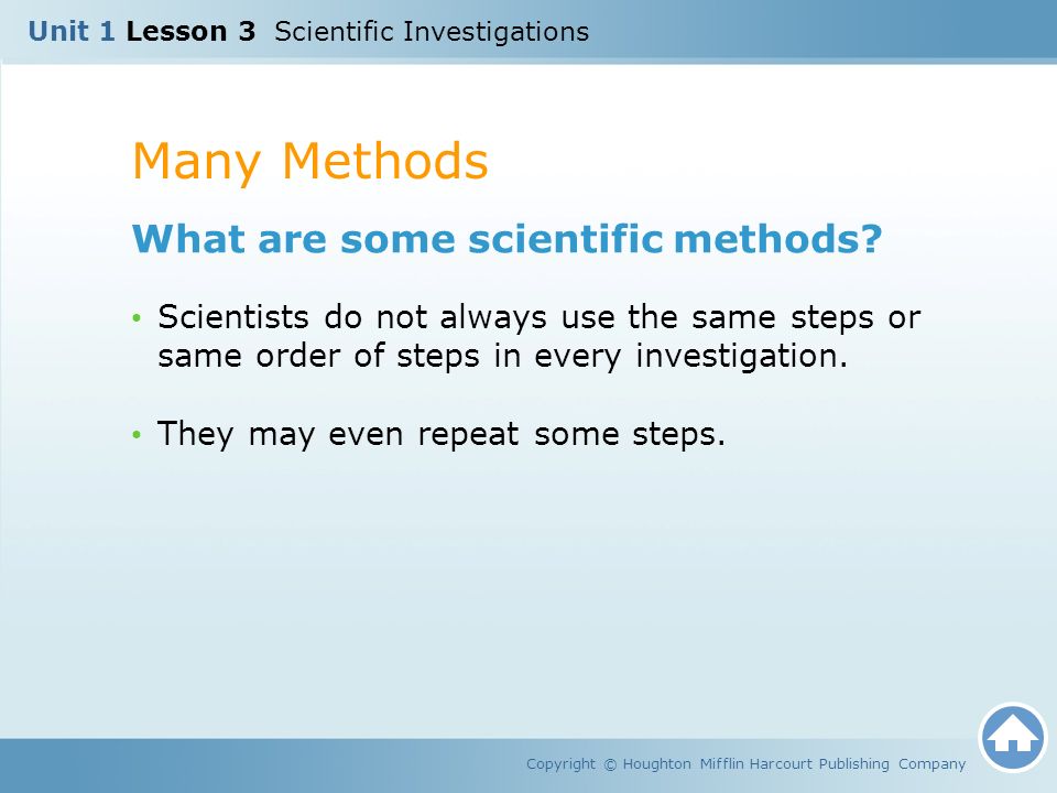 Many Methods Copyright © Houghton Mifflin Harcourt Publishing Company What are some scientific methods.