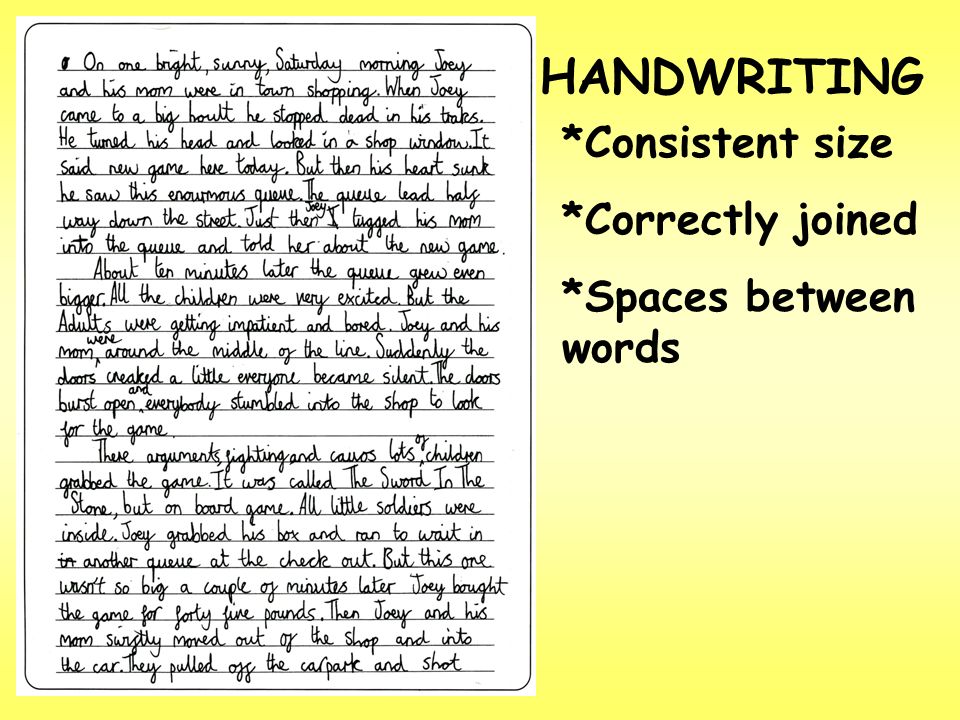 HANDWRITING *Consistent size *Correctly joined *Spaces between words