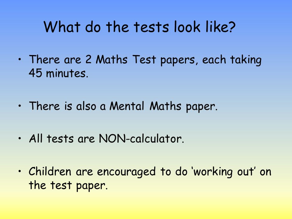 What do the tests look like. There are 2 Maths Test papers, each taking 45 minutes.