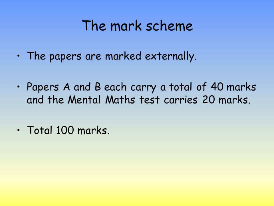 The mark scheme The papers are marked externally.