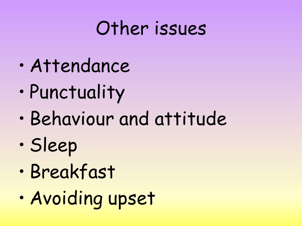 Other issues Attendance Punctuality Behaviour and attitude Sleep Breakfast Avoiding upset