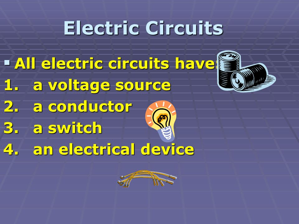 All electric circuits have: 1.a voltage source 2.a conductor 3.