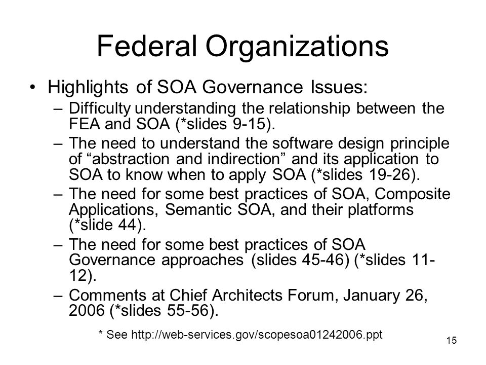 15 Federal Organizations Highlights of SOA Governance Issues: –Difficulty understanding the relationship between the FEA and SOA (*slides 9-15).