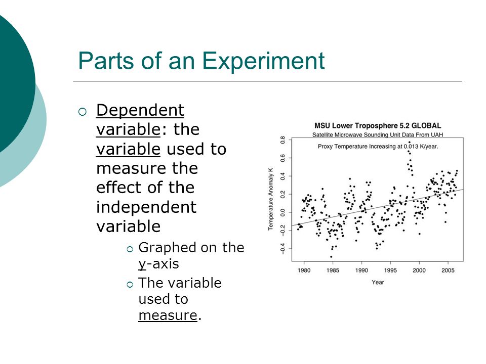 Parts of an Experiment  Dependent variable: the variable used to measure the effect of the independent variable  Graphed on the y-axis  The variable used to measure.