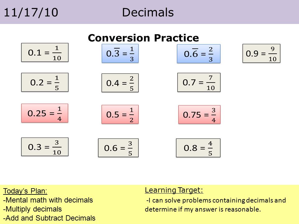 Conversion Practice Today’s Plan: -Mental math with decimals -Multiply decimals -Add and Subtract Decimals 11/17/10 Decimals Learning Target: -I can solve problems containing decimals and determine if my answer is reasonable.