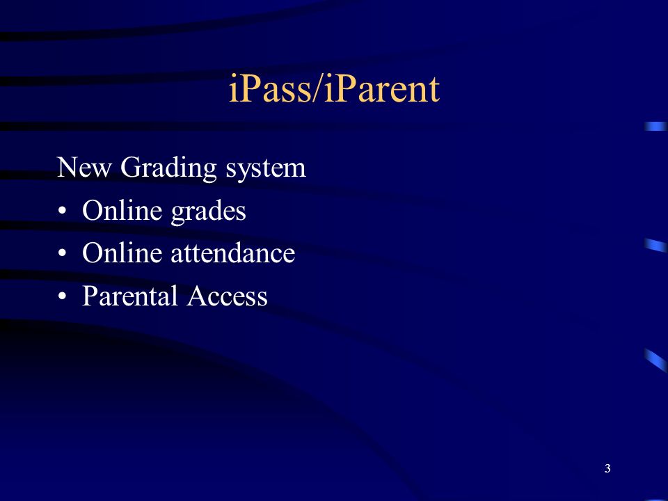 iPass/iParent New Grading system Online grades Online attendance Parental Access 3
