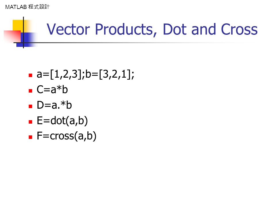 MATLAB 程式設計 Learning Linear Algebra 方煒 台大生機系. MATLAB 程式設計 Vector Products,  Dot and Cross a=[1,2,3];b=[3,2,1]; C=a*b D=a.*b E=dot(a,b) F=cross(a,b) -  ppt download