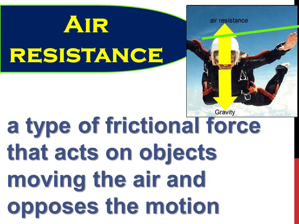 Air resistance a type of frictional force that acts on objects moving the air and opposes the motion
