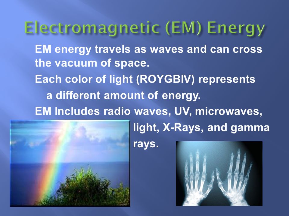Electromagnetic (EM) Energy Also called Radiant Energy These waves are produced when an electric charge vibrates or accelerates Consist of changing electric and magnetic fields