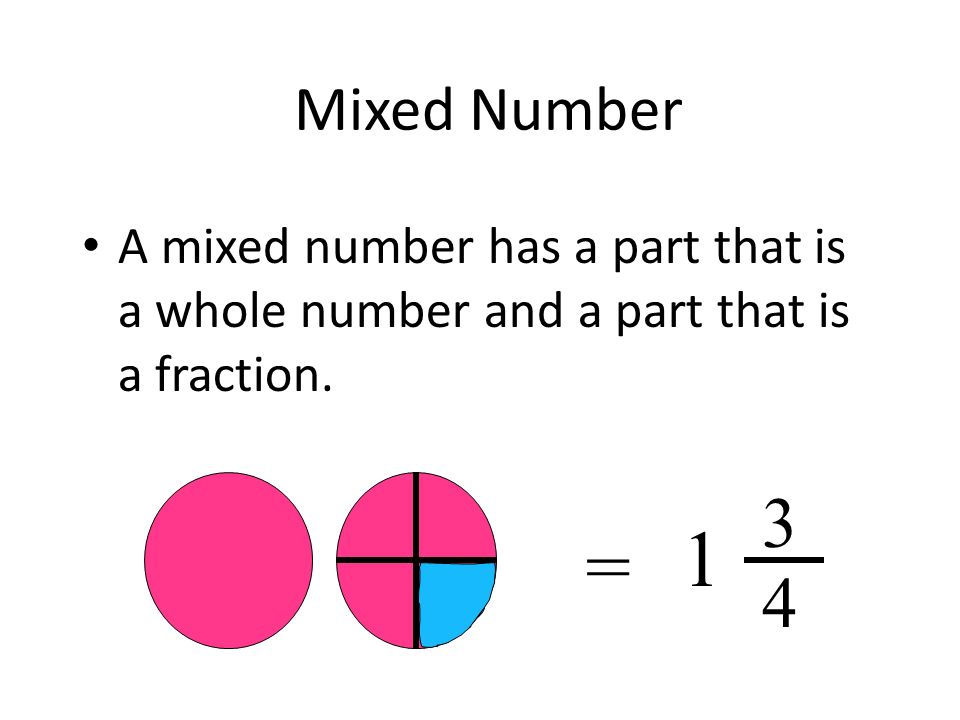 Mixed Number A mixed number has a part that is a whole number and a part that is a fraction.