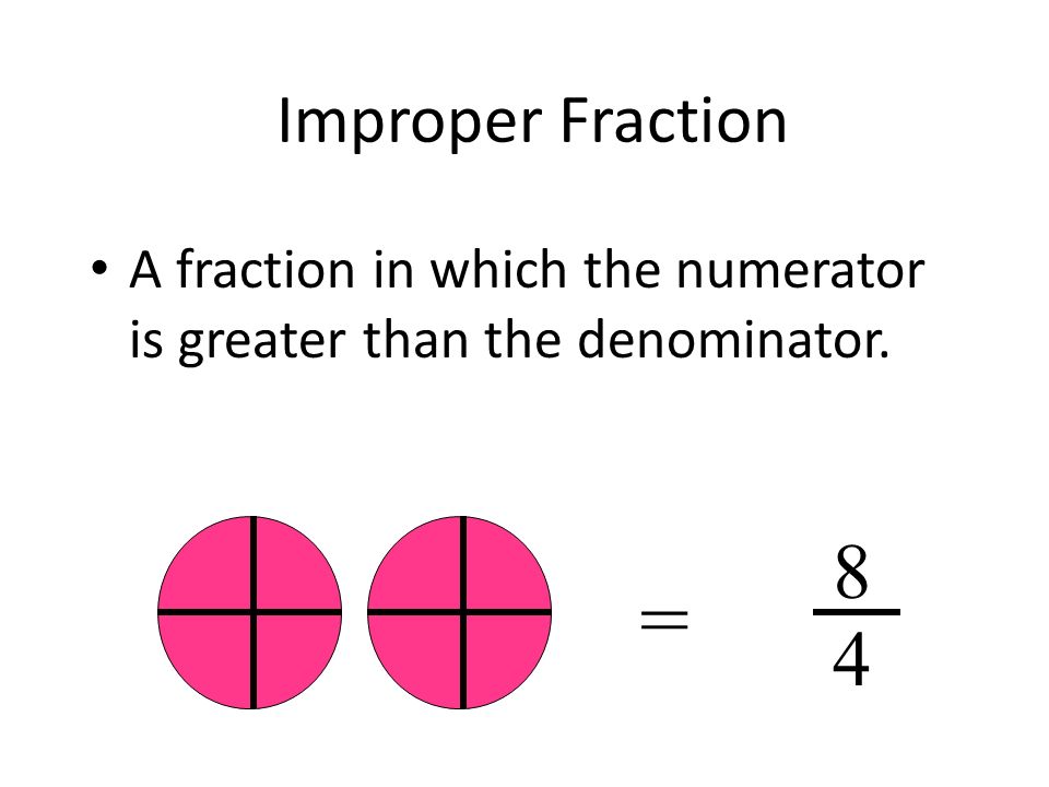 Improper Fraction A fraction in which the numerator is greater than the denominator. = 8 4