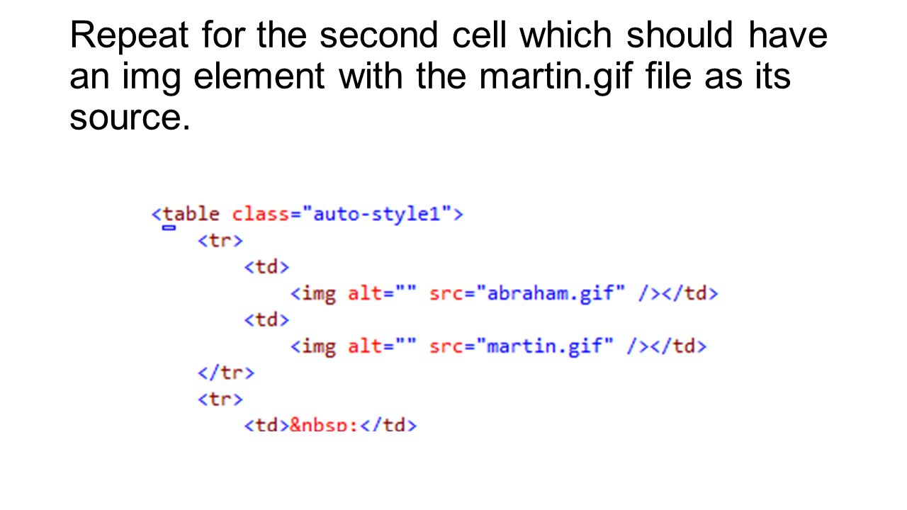 Repeat for the second cell which should have an img element with the martin.gif file as its source.