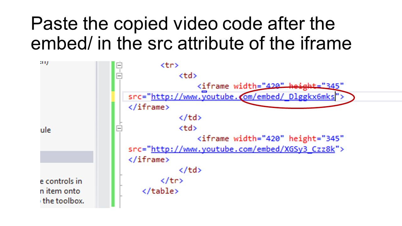 Paste the copied video code after the embed/ in the src attribute of the iframe