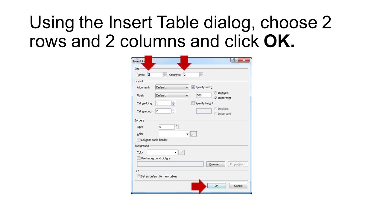 Using the Insert Table dialog, choose 2 rows and 2 columns and click OK.