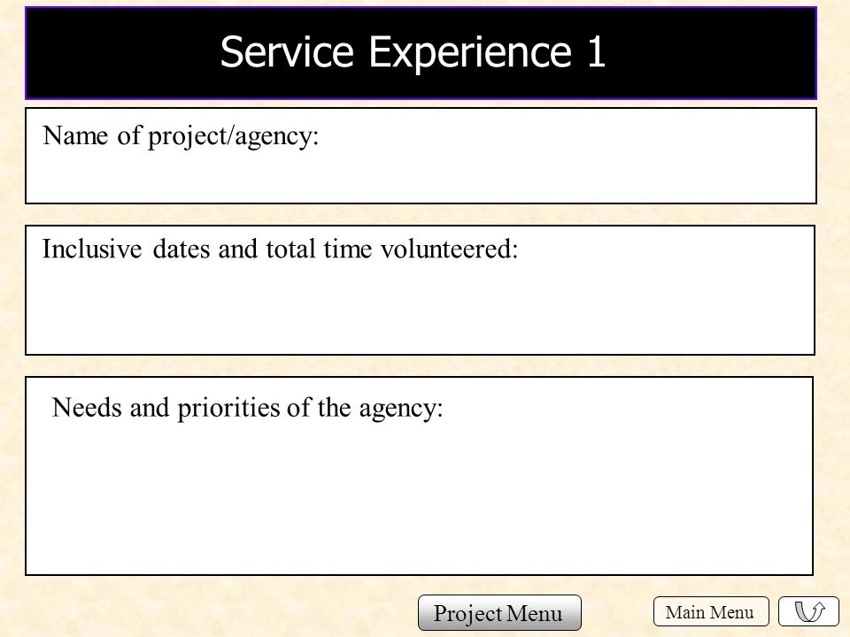 Main Menu Project 1 Project Menu Project 4 Project 2 Project 5 Project 3 Project 6 Examples of Service Work Experiences