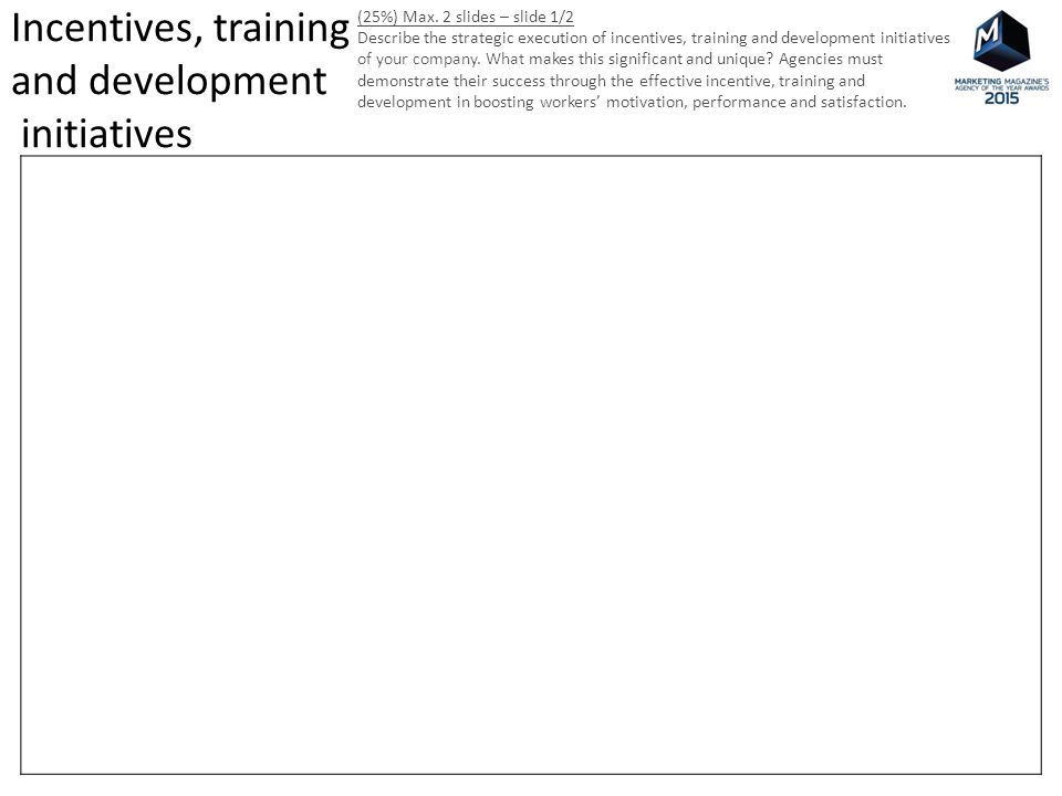 Incentives, training and development initiatives (25%) Max.