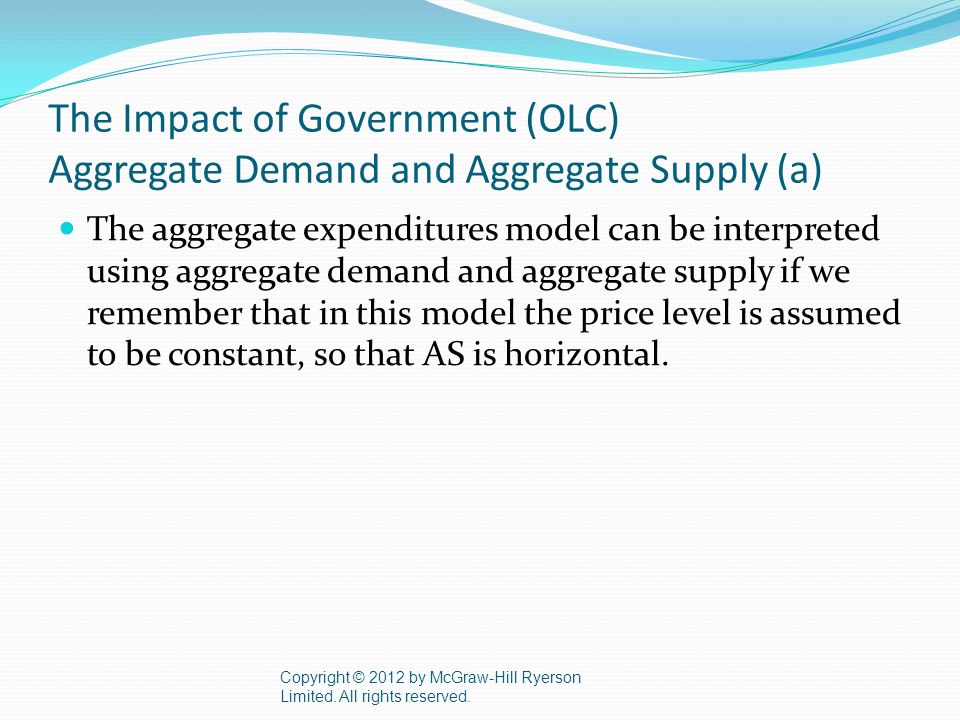 The Impact of Government (OLC) Aggregate Demand and Aggregate Supply (a) The aggregate expenditures model can be interpreted using aggregate demand and aggregate supply if we remember that in this model the price level is assumed to be constant, so that AS is horizontal.