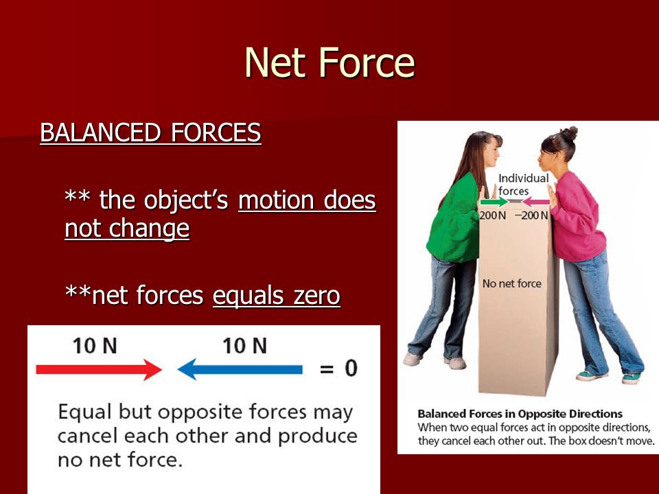 Net Force BALANCED FORCES ** the object’s motion does not change ** the object’s motion does not change **net forces equals zero