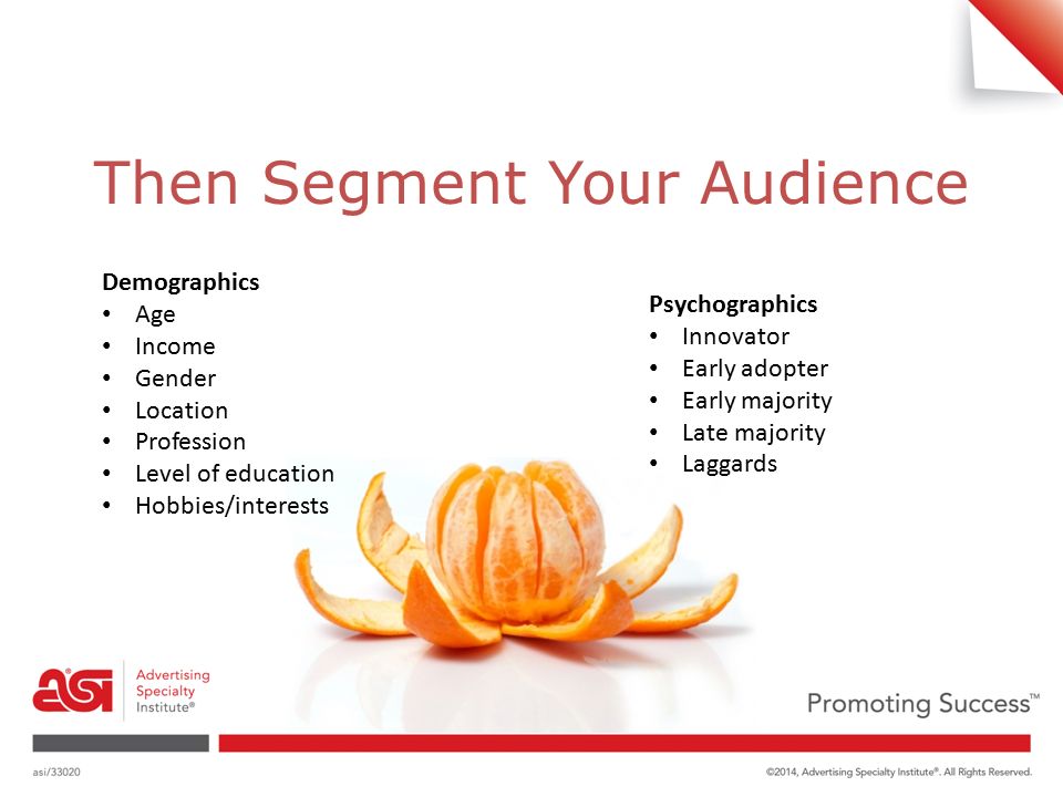 Then Segment Your Audience Demographics Age Income Gender Location Profession Level of education Hobbies/interests Psychographics Innovator Early adopter Early majority Late majority Laggards