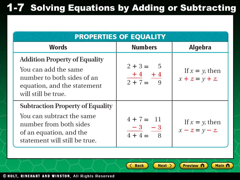 Evaluating Algebraic Expressions 1-7 Solving Equations by Adding or Subtracting