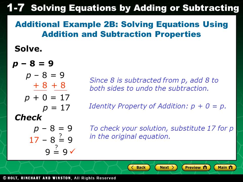 Evaluating Algebraic Expressions 1-7 Solving Equations by Adding or Subtracting Solve.