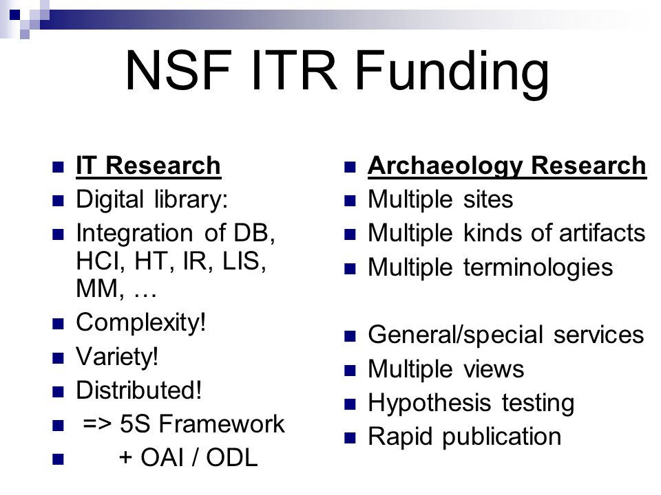 NSF ITR Funding IT Research Digital library: Integration of DB, HCI, HT, IR, LIS, MM, … Complexity.