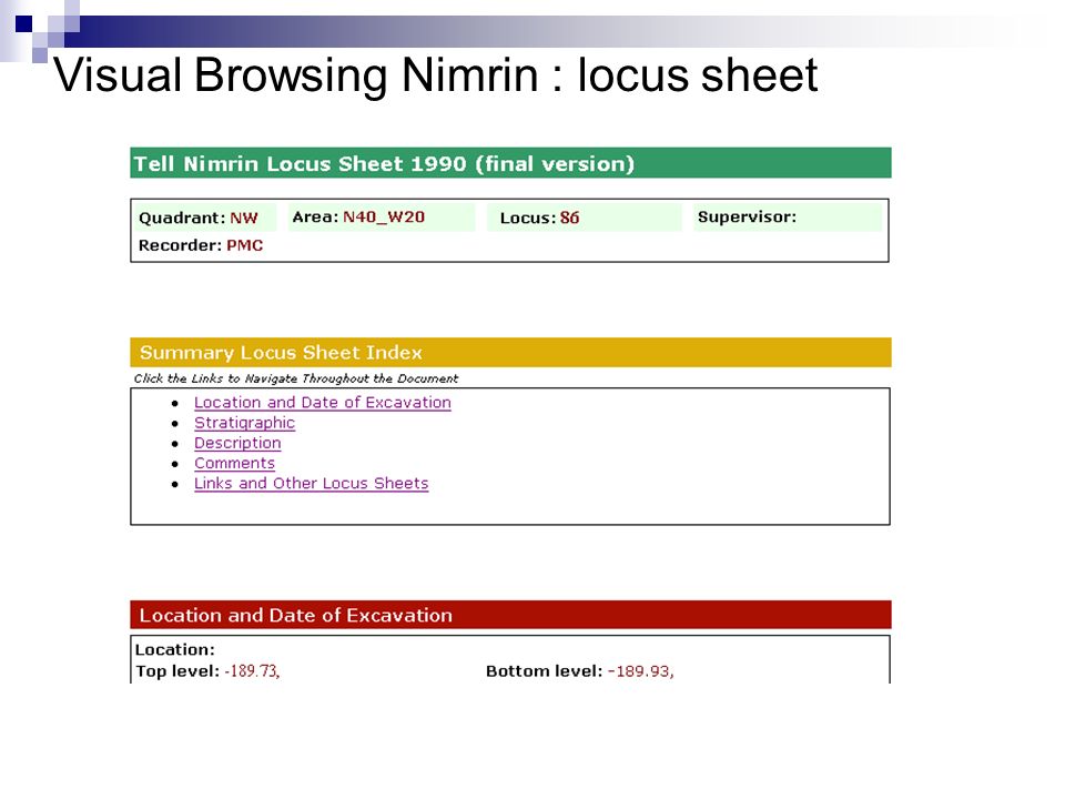 Visual Browsing Nimrin : locus sheet