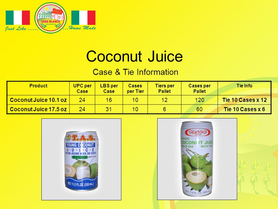 Coconut Juice Case & Tie Information ProductUPC per Case LBS per Case Cases per Tier Tiers per Pallet Cases per Pallet Tie Info Coconut Juice 10.1 oz Tie 10 Cases x 12 Coconut Juice 17.5 oz Tie 10 Cases x 6