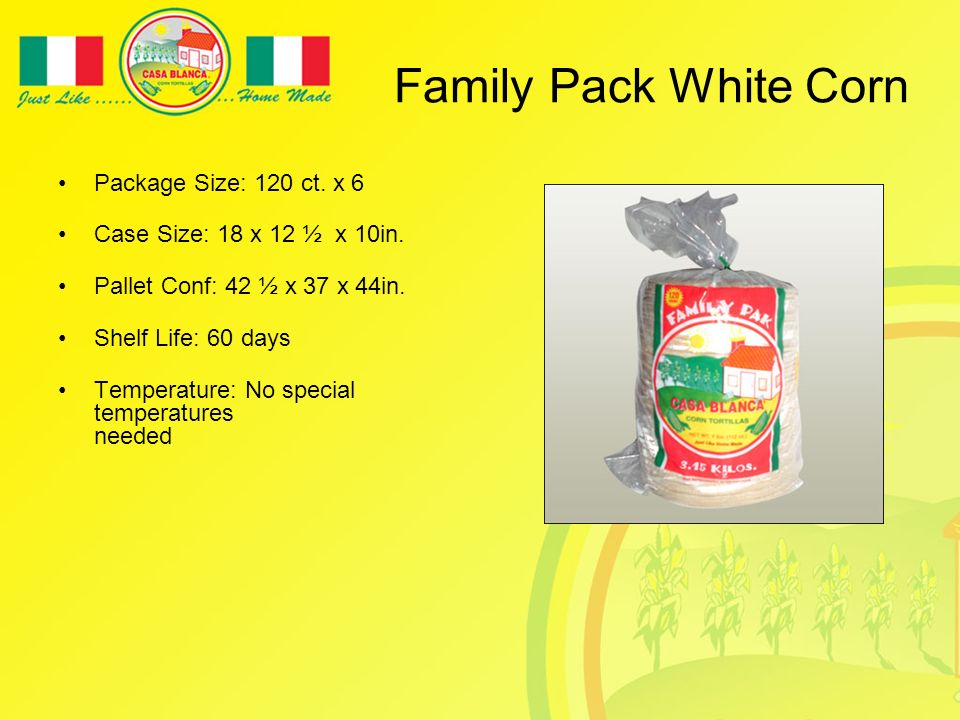Family Pack White Corn Package Size: 120 ct. x 6 Case Size: 18 x 12 ½ x 10in.