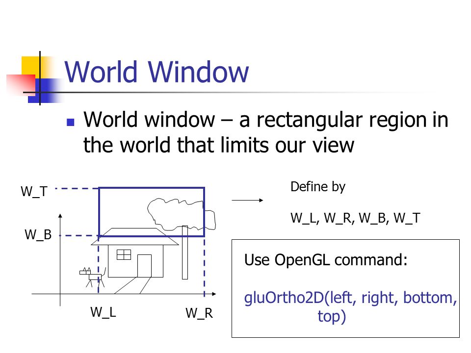 World Window World window – a rectangular region in the world that limits our view Define by W_L, W_R, W_B, W_T W_L W_R W_B W_T Use OpenGL command: gluOrtho2D(left, right, bottom, top)