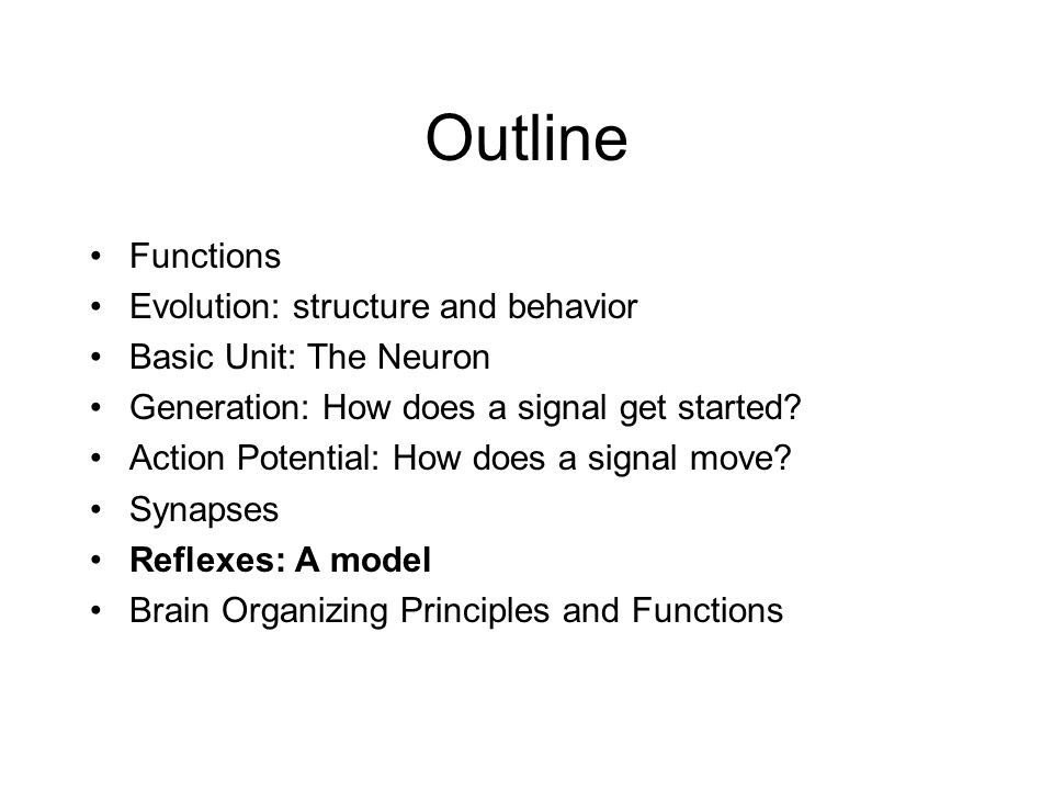 Outline Functions Evolution: structure and behavior Basic Unit: The Neuron Generation: How does a signal get started.
