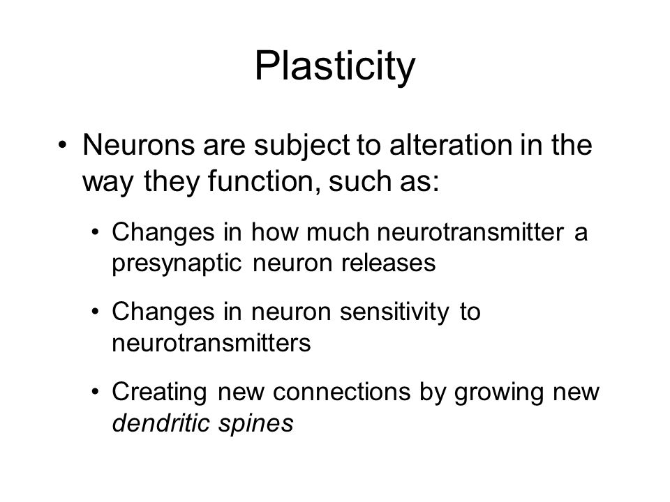 Plasticity Neurons are subject to alteration in the way they function, such as: Changes in how much neurotransmitter a presynaptic neuron releases Changes in neuron sensitivity to neurotransmitters Creating new connections by growing new dendritic spines