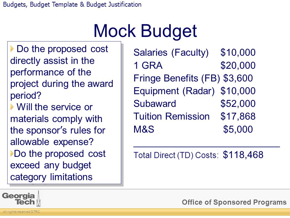 office of sponsored programs all rights reserved gtrc budgeting