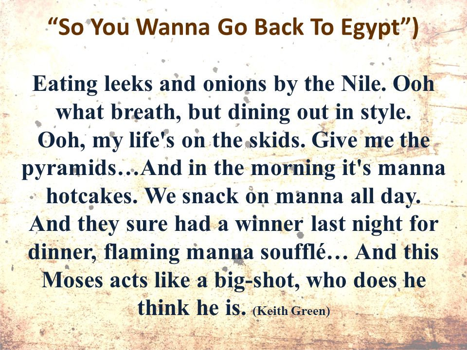 So You Wanna Go Back To Egypt ) Eating leeks and onions by the Nile.