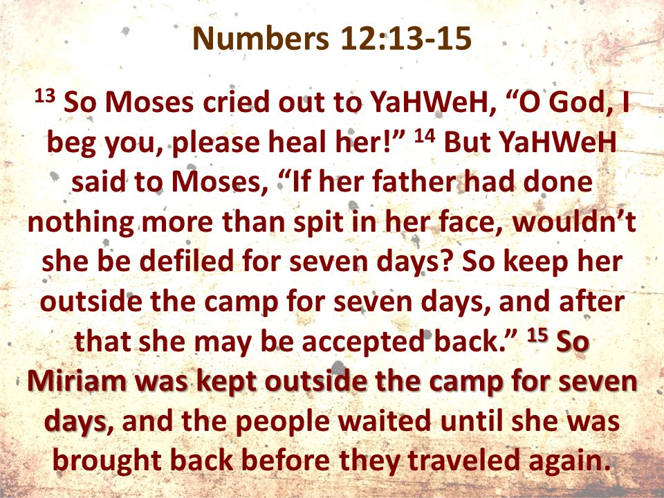 Numbers 12: So Miriam was kept outside the camp for seven days 13 So Moses cried out to YaHWeH, O God, I beg you, please heal her! 14 But YaHWeH said to Moses, If her father had done nothing more than spit in her face, wouldn’t she be defiled for seven days.