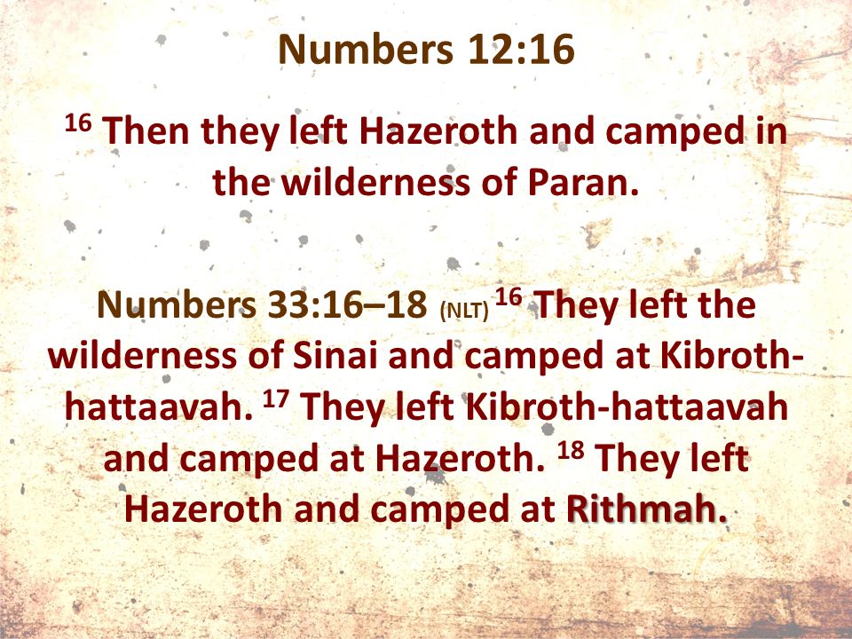 Numbers 12:16 16 Then they left Hazeroth and camped in the wilderness of Paran.