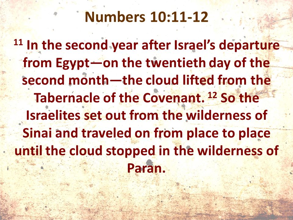 Numbers 10: In the second year after Israel’s departure from Egypt—on the twentieth day of the second month—the cloud lifted from the Tabernacle of the Covenant.